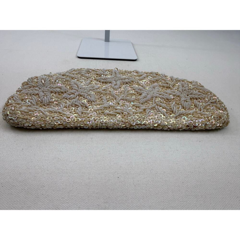 Vintage White Beaded Sequin Evening Bag Handmade in Hong Kong Bridal Glam Prom - Picture 12 of 13